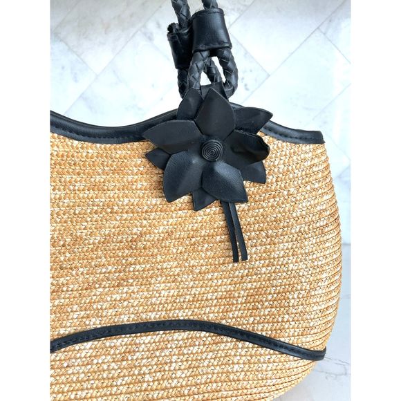 Straw Two-Handled Purse with Black Leather Braided Handles & Flower Accent - Picture 3 of 7